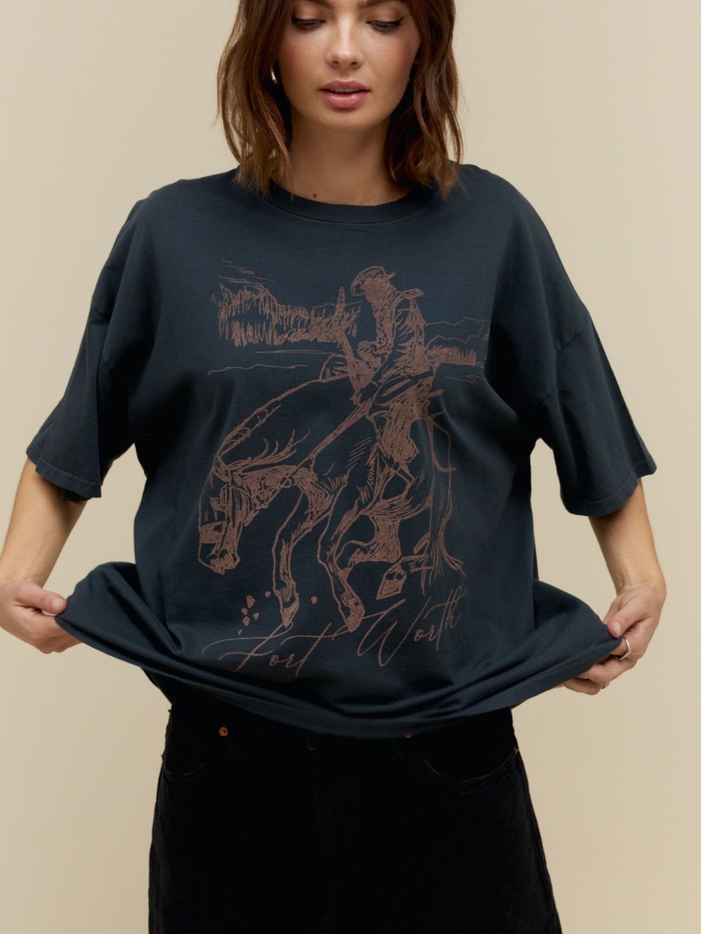 Daydreamer Black Tee with Brown Cowboy Sketch